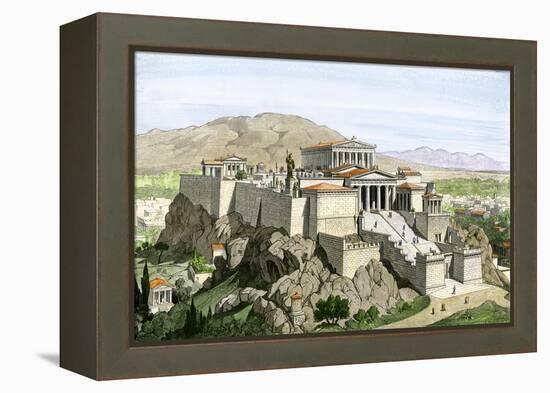 Acropolis of Ancient Athens, Crowned by the Parthenon and a Statue of Athena-null-Framed Premier Image Canvas