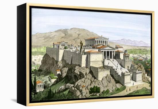 Acropolis of Ancient Athens, Crowned by the Parthenon and a Statue of Athena-null-Framed Premier Image Canvas