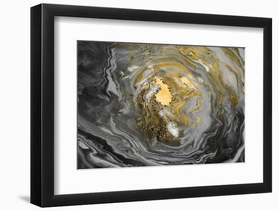Acrylic Fluid Art. Gray Black Vortex Waves and Gold Inclusions. Abstract Swirling Background or Tex-colnihko-Framed Photographic Print