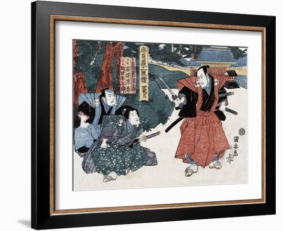 Act Four: Three Actors, One Brandishing a Sword, Japanese Wood-Cut Print-Lantern Press-Framed Art Print