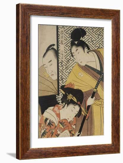 Act II of Chushingura, the Young Samurai Rikiya, with Konami, Honzo Partly Hidden Behind the Door-Kitagawa Utamaro-Framed Giclee Print