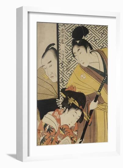 Act II of Chushingura, the Young Samurai Rikiya, with Konami, Honzo Partly Hidden Behind the Door-Kitagawa Utamaro-Framed Giclee Print