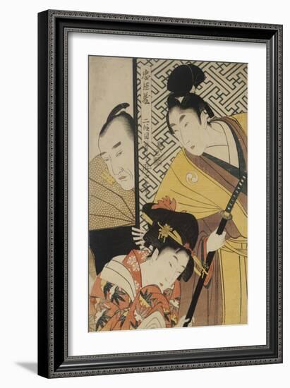 Act II of Chushingura, the Young Samurai Rikiya, with Konami, Honzo Partly Hidden Behind the Door-Kitagawa Utamaro-Framed Giclee Print