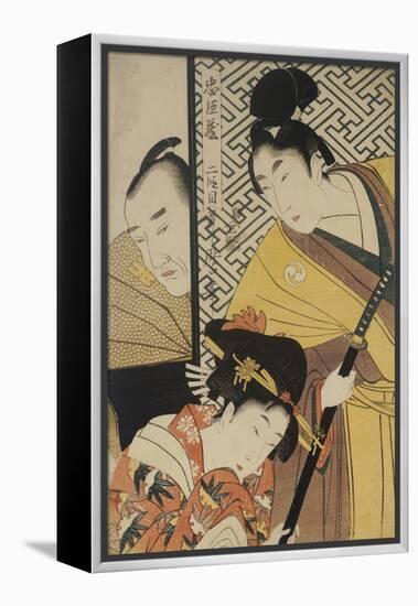 Act II of Chushingura, the Young Samurai Rikiya, with Konami, Honzo Partly Hidden Behind the Door-Kitagawa Utamaro-Framed Premier Image Canvas