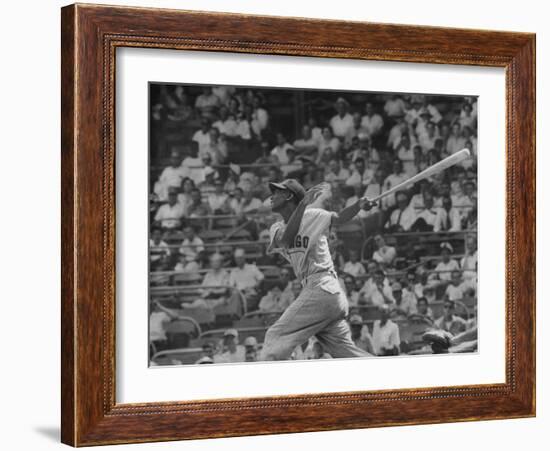Action Shot of Chicago Cub's Ernie Banks, Following Direction of Baseball Resulting from His Hit-John Dominis-Framed Premium Photographic Print