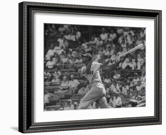 Action Shot of Chicago Cub's Ernie Banks, Following Direction of Baseball Resulting from His Hit-John Dominis-Framed Premium Photographic Print