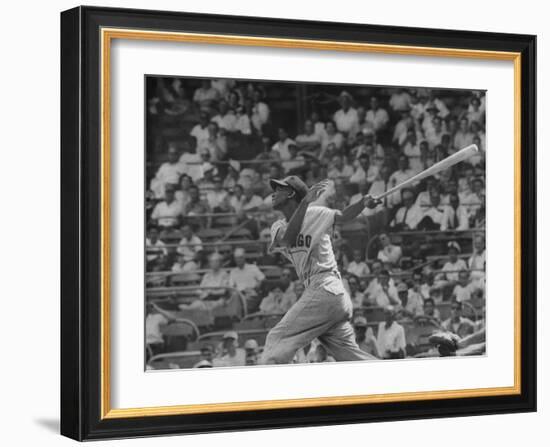 Action Shot of Chicago Cub's Ernie Banks, Following Direction of Baseball Resulting from His Hit-John Dominis-Framed Premium Photographic Print