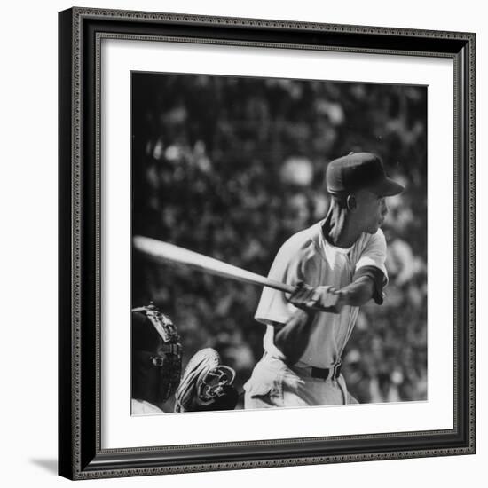 Action Shot of Chicago Cub's Ernie Banks, Preparing to Smack the Incoming Baseball with His Bat-John Dominis-Framed Premium Photographic Print