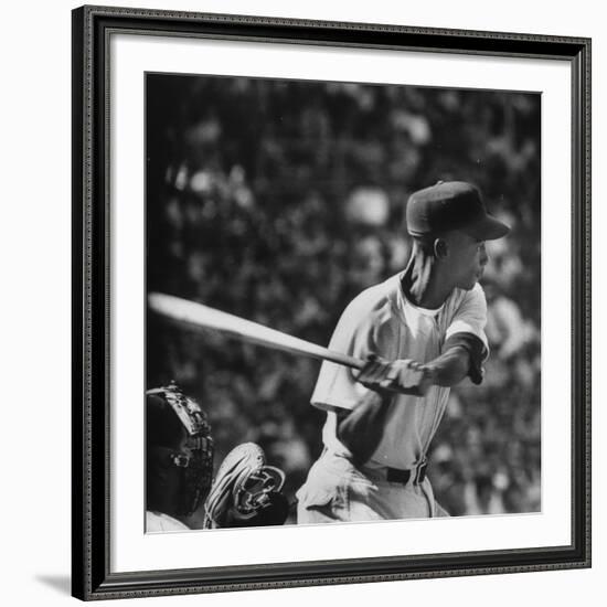 Action Shot of Chicago Cub's Ernie Banks, Preparing to Smack the Incoming Baseball with His Bat-John Dominis-Framed Premium Photographic Print