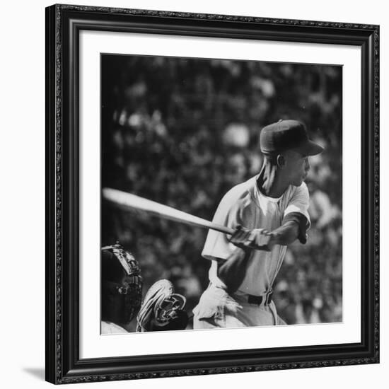 Action Shot of Chicago Cub's Ernie Banks, Preparing to Smack the Incoming Baseball with His Bat-John Dominis-Framed Premium Photographic Print