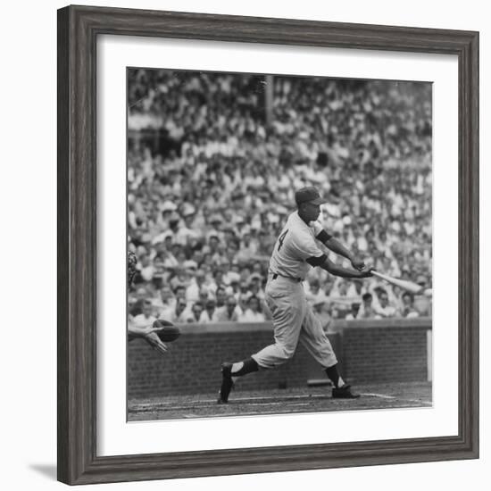 Action Shot of Chicago Cub's Ernie Banks Smacking the Pitched Baseball-John Dominis-Framed Premium Photographic Print