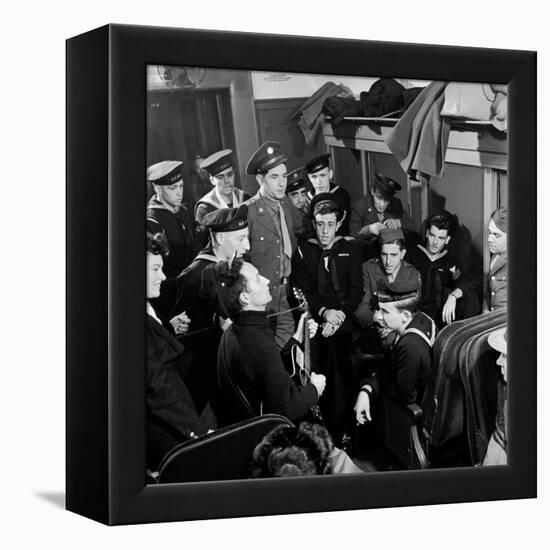 Activist Folk Musician Woody Guthrie Playing for a Group of Servicemen During WWII-Eric Schaal-Framed Premier Image Canvas