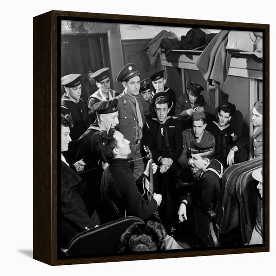 Activist Folk Musician Woody Guthrie Playing for a Group of Servicemen During WWII-Eric Schaal-Framed Premier Image Canvas