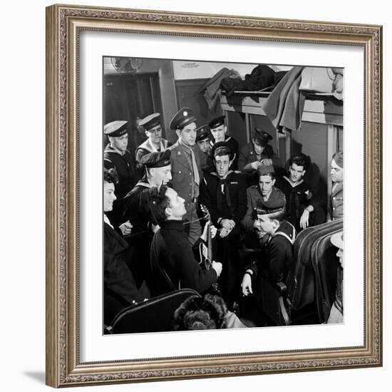 Activist Folk Musician Woody Guthrie Playing for a Group of Servicemen During WWII-Eric Schaal-Framed Premium Photographic Print