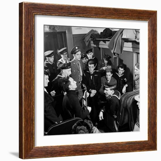 Activist Folk Musician Woody Guthrie Playing for a Group of Servicemen During WWII-Eric Schaal-Framed Premium Photographic Print