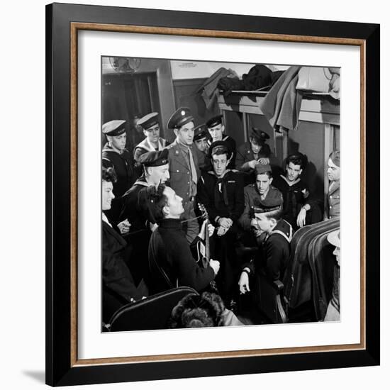 Activist Folk Musician Woody Guthrie Playing for a Group of Servicemen During WWII-Eric Schaal-Framed Premium Photographic Print