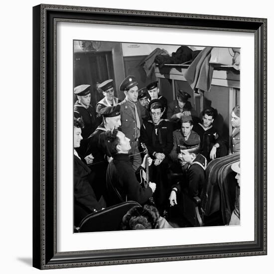 Activist Folk Musician Woody Guthrie Playing for a Group of Servicemen During WWII-Eric Schaal-Framed Premium Photographic Print