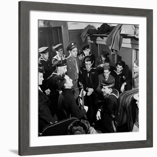 Activist Folk Musician Woody Guthrie Playing for a Group of Servicemen During WWII-Eric Schaal-Framed Premium Photographic Print