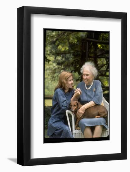 Activist for the Disabled, Helen Keller, with Pet Dog in Her Lap as She Meets Actress Patty Duke-Nina Leen-Framed Photographic Print