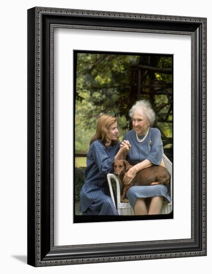 Activist for the Disabled, Helen Keller, with Pet Dog in Her Lap as She Meets Actress Patty Duke-Nina Leen-Framed Photographic Print