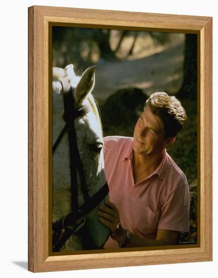 Actor and California Gubernatorial Candidate Ronald Reagan Petting Horse Outside on Ranch at Home-Bill Ray-Framed Premier Image Canvas