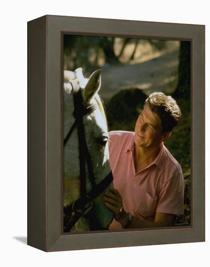 Actor and California Gubernatorial Candidate Ronald Reagan Petting Horse Outside on Ranch at Home-Bill Ray-Framed Premier Image Canvas