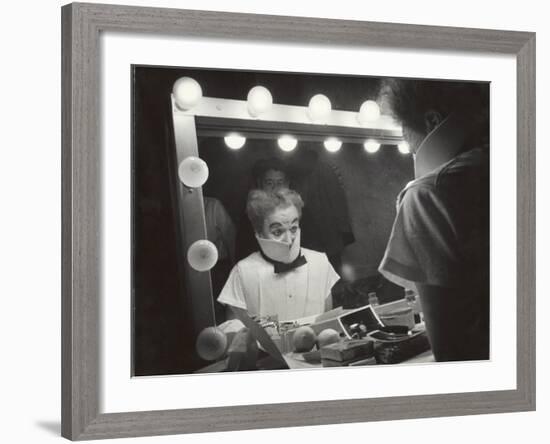 Actor Charles Chaplin Clowning at Make-Up Mirror During Filming of "Limelight"-W^ Eugene Smith-Framed Premium Photographic Print