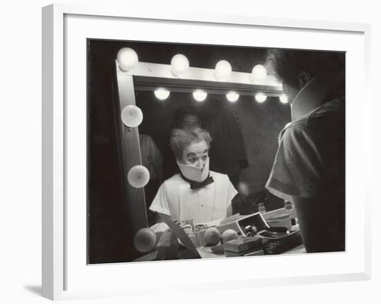 Actor Charles Chaplin Clowning at Make-Up Mirror During Filming of "Limelight"-W^ Eugene Smith-Framed Premium Photographic Print