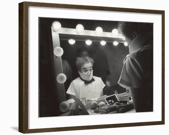 Actor Charles Chaplin Clowning at Make-Up Mirror During Filming of "Limelight"-W^ Eugene Smith-Framed Premium Photographic Print