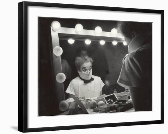 Actor Charles Chaplin Clowning at Make-Up Mirror During Filming of "Limelight"-W^ Eugene Smith-Framed Premium Photographic Print