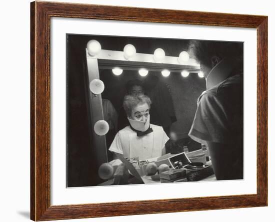 Actor Charles Chaplin Clowning at Make-Up Mirror During Filming of "Limelight"-W^ Eugene Smith-Framed Premium Photographic Print