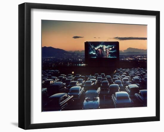 Actor Charlton Heston as Moses in "The Ten Commandments," Shown at Drive-in Theater-J^ R^ Eyerman-Framed Photographic Print