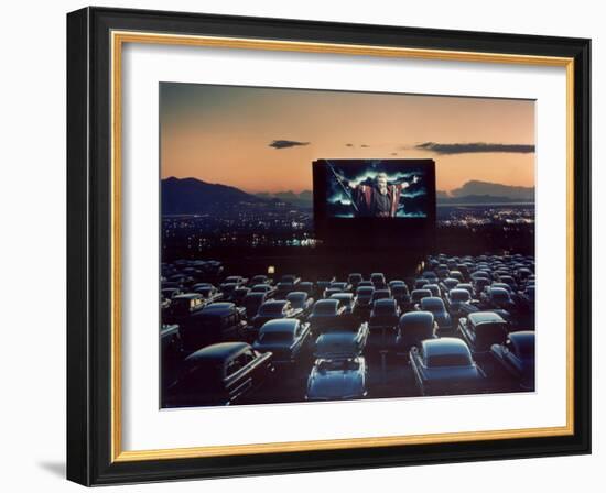 Actor Charlton Heston as Moses in "The Ten Commandments," Shown at Drive-in Theater-J^ R^ Eyerman-Framed Photographic Print