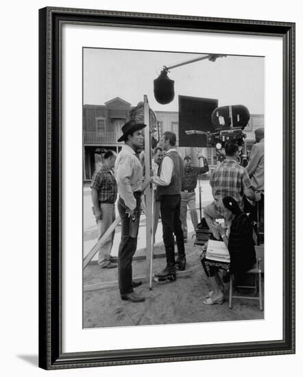 Actor Clint Walker Standing with His Stand-In Clyde Howdy on the Set of "Cheyenne"-Allan Grant-Framed Premium Photographic Print