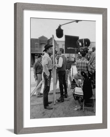 Actor Clint Walker Standing with His Stand-In Clyde Howdy on the Set of "Cheyenne"-Allan Grant-Framed Premium Photographic Print