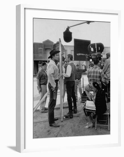 Actor Clint Walker Standing with His Stand-In Clyde Howdy on the Set of "Cheyenne"-Allan Grant-Framed Premium Photographic Print