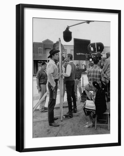 Actor Clint Walker Standing with His Stand-In Clyde Howdy on the Set of "Cheyenne"-Allan Grant-Framed Premium Photographic Print