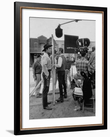 Actor Clint Walker Standing with His Stand-In Clyde Howdy on the Set of "Cheyenne"-Allan Grant-Framed Premium Photographic Print