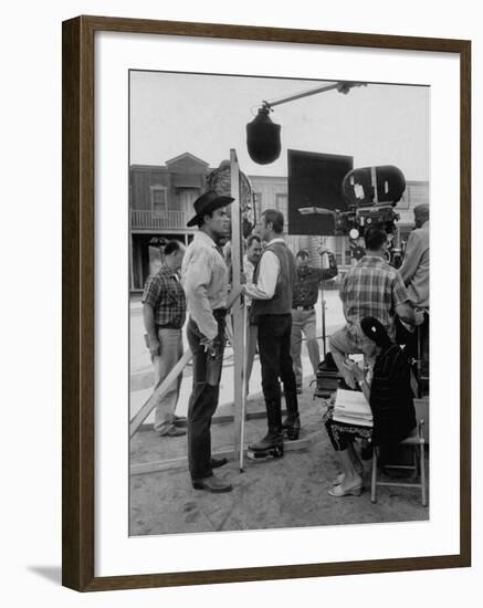 Actor Clint Walker Standing with His Stand-In Clyde Howdy on the Set of "Cheyenne"-Allan Grant-Framed Premium Photographic Print