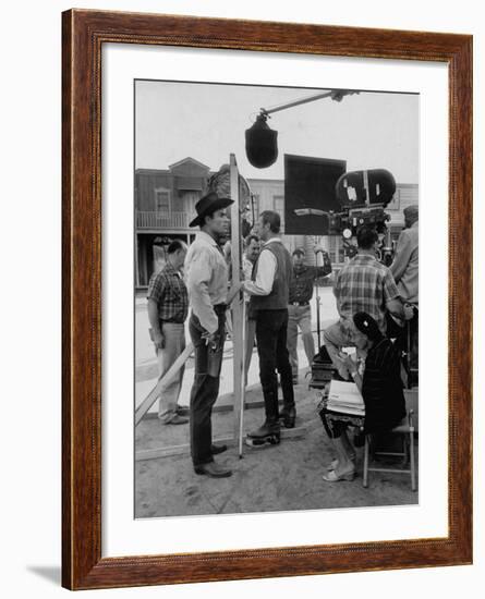 Actor Clint Walker Standing with His Stand-In Clyde Howdy on the Set of "Cheyenne"-Allan Grant-Framed Premium Photographic Print