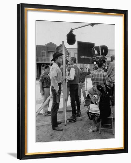 Actor Clint Walker Standing with His Stand-In Clyde Howdy on the Set of "Cheyenne"-Allan Grant-Framed Premium Photographic Print