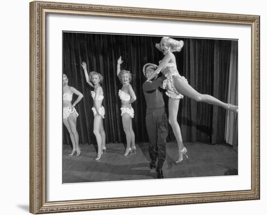 Actor Clowning around with Dancing Girls During the Nightlife in Las Vegas-Loomis Dean-Framed Premium Photographic Print