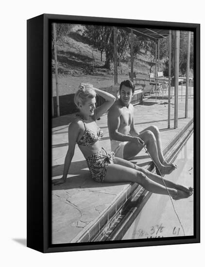 Actor Cornel Wilde and His Wife, Patricia, Sitting by the Pool-null-Framed Premier Image Canvas