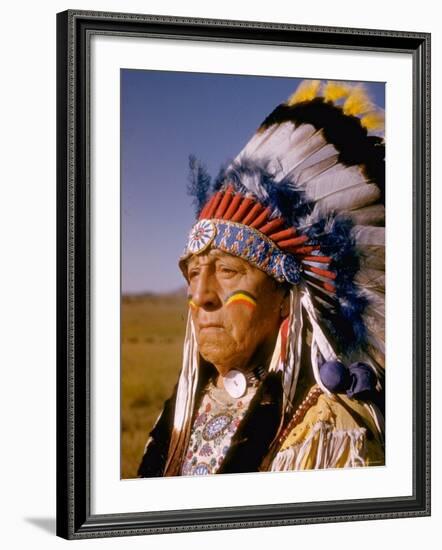 Actor Dressed as American Indian Chief For Role in Motion Picture "Around the World in 80 Days"-Gjon Mili-Framed Photographic Print