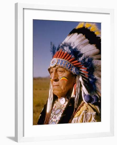 Actor Dressed as American Indian Chief For Role in Motion Picture "Around the World in 80 Days"-Gjon Mili-Framed Photographic Print