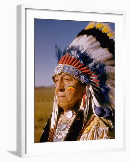 Actor Dressed as American Indian Chief For Role in Motion Picture "Around the World in 80 Days"-Gjon Mili-Framed Photographic Print