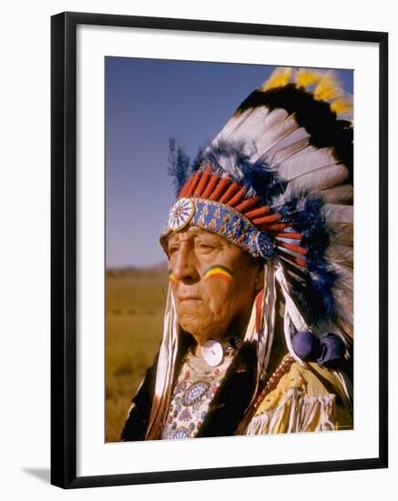 Actor Dressed as American Indian Chief For Role in Motion Picture "Around the World in 80 Days"-Gjon Mili-Framed Photographic Print