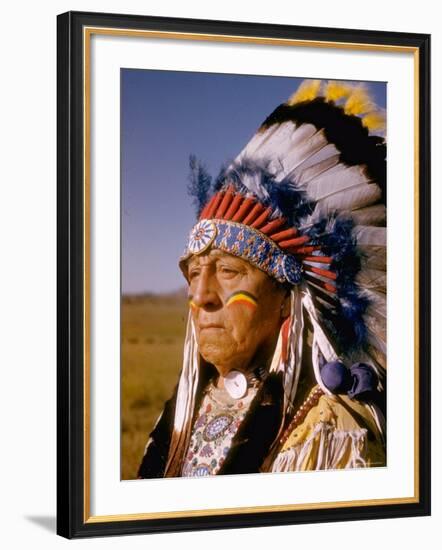 Actor Dressed as American Indian Chief For Role in Motion Picture "Around the World in 80 Days"-Gjon Mili-Framed Photographic Print