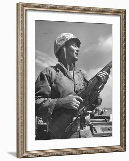 Actor John Wayne as Marine Sgt. Platoon Leader in Scene From the Movie "Sands of Iwo Jima"-Ed Clark-Framed Premium Photographic Print