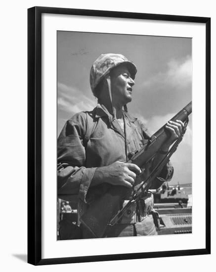 Actor John Wayne as Marine Sgt. Platoon Leader in Scene From the Movie "Sands of Iwo Jima"-Ed Clark-Framed Premium Photographic Print